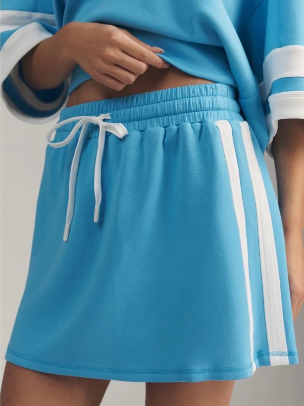 Blue V-Neck Cropped Top and Skirt Set